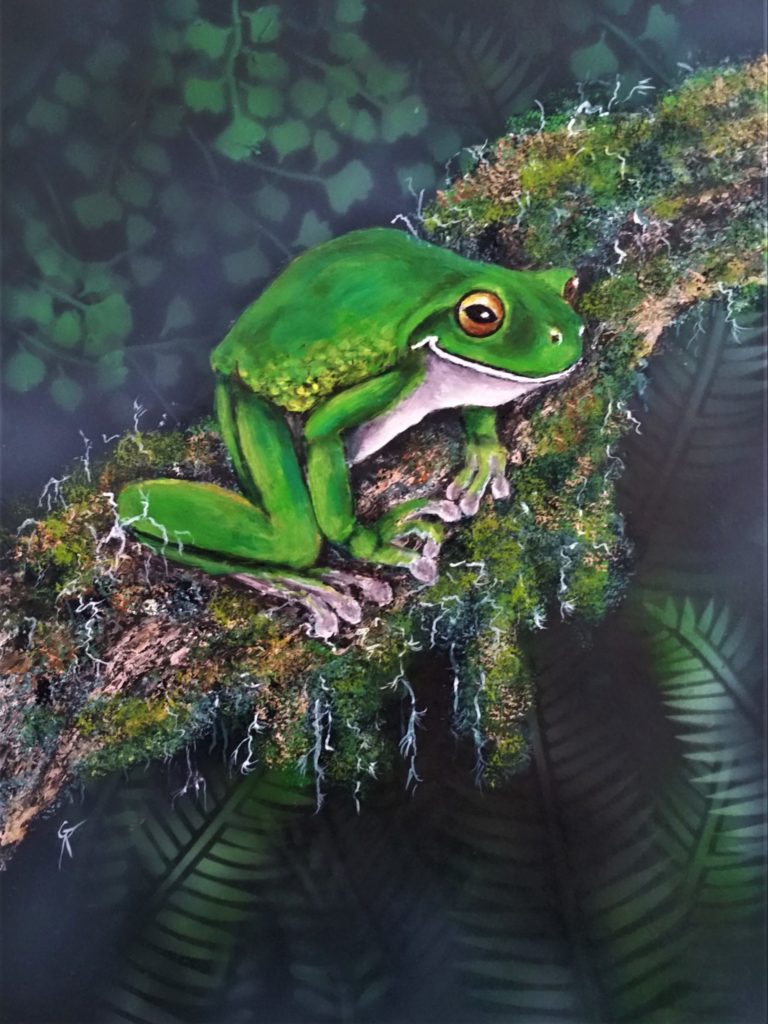 "Life's Good" White lipped tree frog painted in acrylic with an airbrushed background. SOLD
