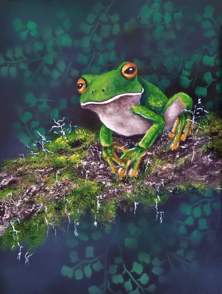 "Blending In" - White lipped tree frog painted in acrylic with an airbrushed background. SOLD