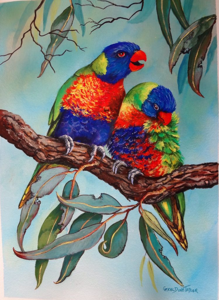 "This is the Life"Rainbow Lorrikeets in a gum tree painted in gouache. SOLD