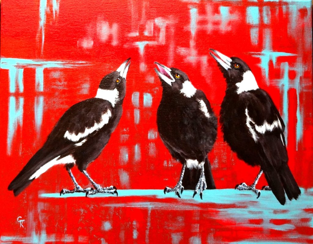 "Painting the Town Red" 3 Australian Magpies painted in acrylic on stretched canvas.  SOLD