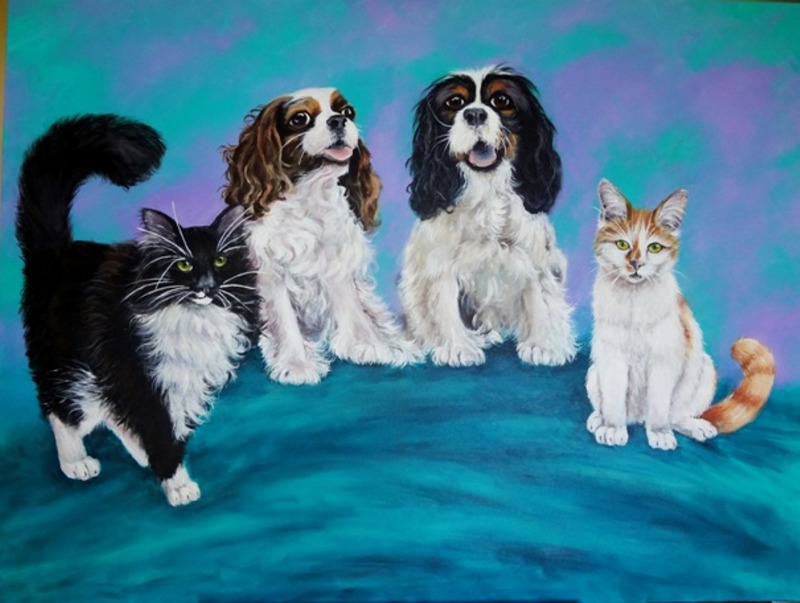 The Family Acrylic (Cavalier Spaniels and the cats)